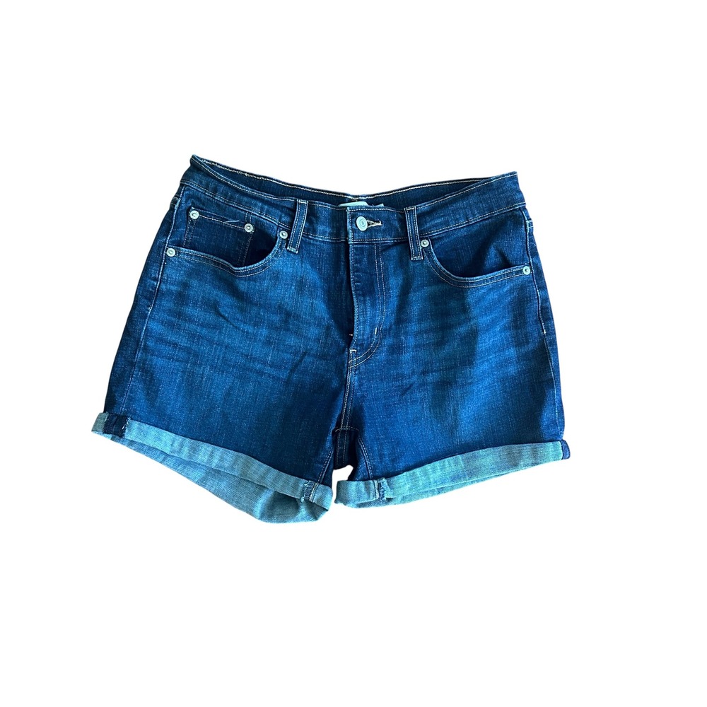 Levis Mid Length Denim Shorts Womens 31 Dark Wash Cuffed Blue Jean Shorts